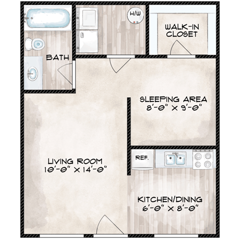 Floor plan for studio, 1 bath, 420 sqft